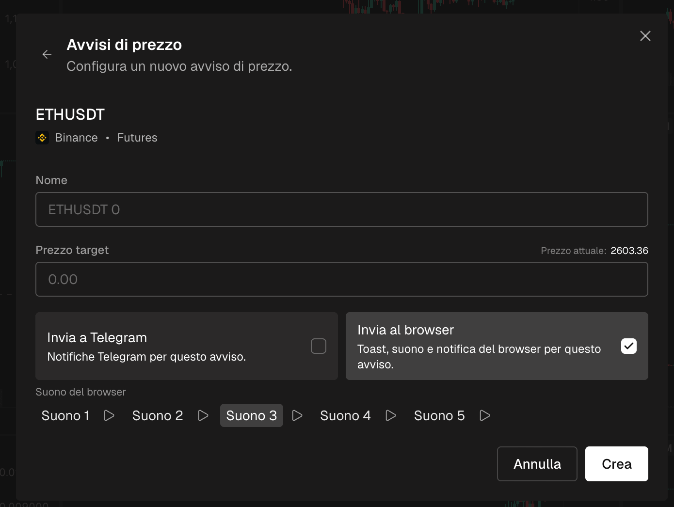 Il modulo di creazione: la moneta, un nome, il prezzo obiettivo con il prezzo attuale accanto e le opzioni di notifica