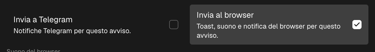Le opzioni di notifica di un alert: Invia al browser con la scelta del suono e Invia a Telegram