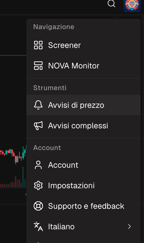Il menu utente aperto con la voce Avvisi di prezzo evidenziata
