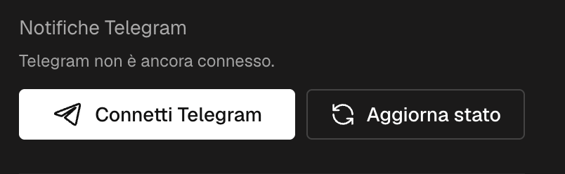 Le impostazioni dell'account con il blocco Notifiche Telegram e il pulsante Collega Telegram