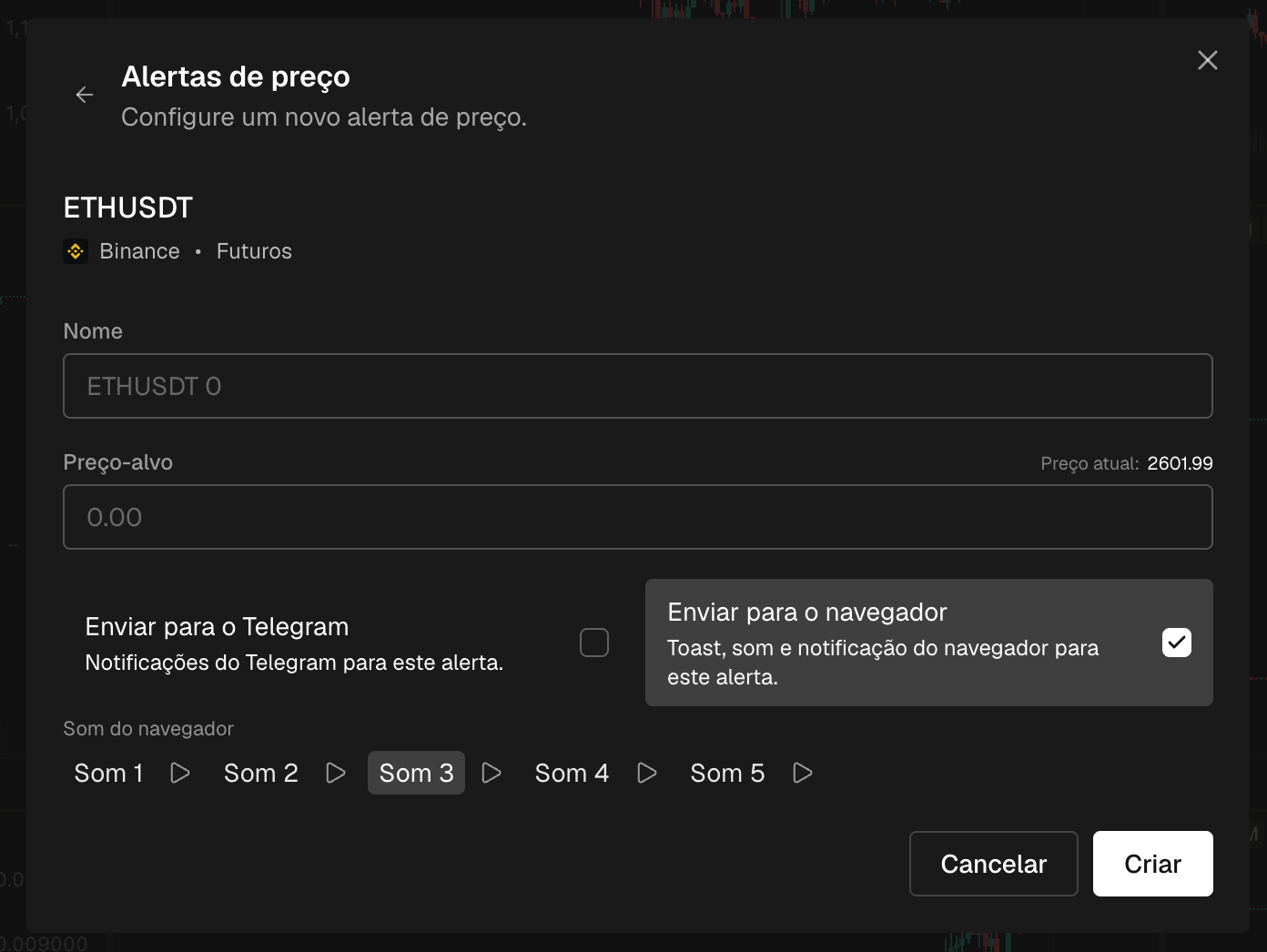 O formulário de criação: a moeda, um nome, o preço alvo com o preço atual ao lado e as opções de notificação
