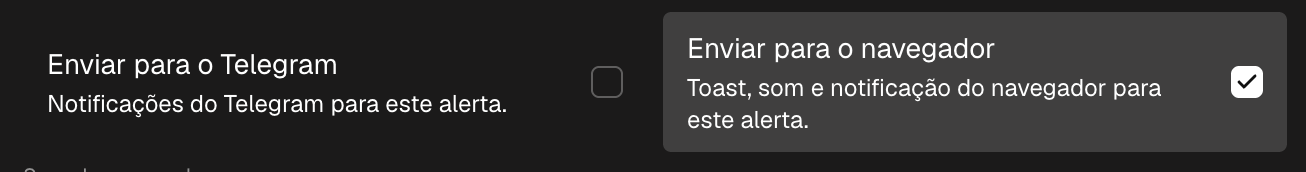 As opções de notificação de um alerta: Enviar para o navegador com o seletor de som e Enviar para o Telegram
