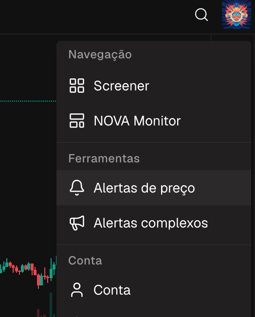 O menu do usuário aberto com o item Alertas de preço em destaque
