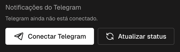 As configurações da conta com o bloco de notificações do Telegram e o botão Conectar Telegram