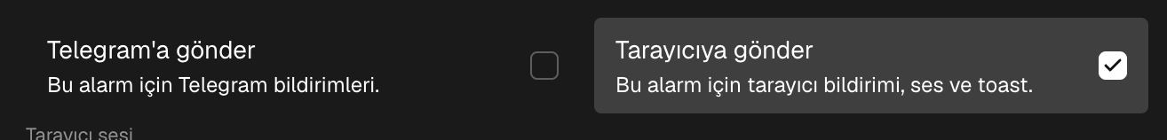 Bir alarmın bildirim seçenekleri: ses seçiciyle Tarayıcıya gönder ve Telegram'a gönder