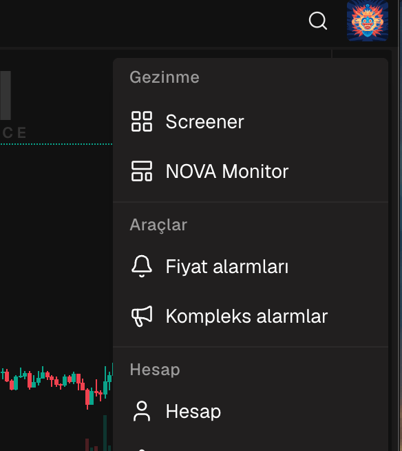 Kullanıcı menüsü açık, Fiyat alarmları öğesi vurgulanmış