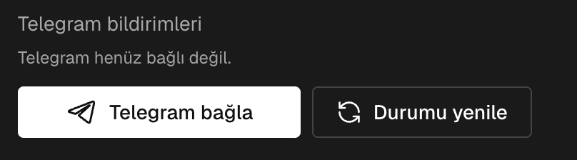 Telegram bildirimleri bloğu ve Telegram bağla düğmesiyle hesap ayarları