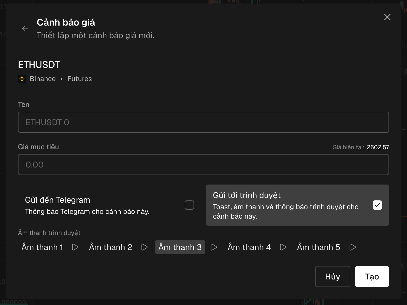 Biểu mẫu tạo: coin, tên, giá mục tiêu với giá hiện tại bên cạnh, và các tùy chọn thông báo