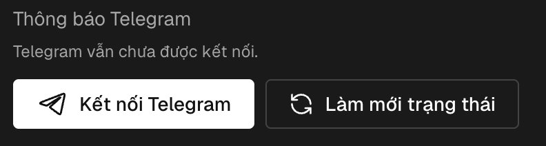Cài đặt tài khoản với khối thông báo Telegram và nút Kết nối Telegram